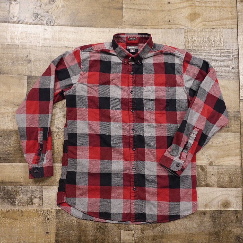 Eddie Bauer Flannel Shirt Men’s TL Red‎ Gray Plaid Classic Fit